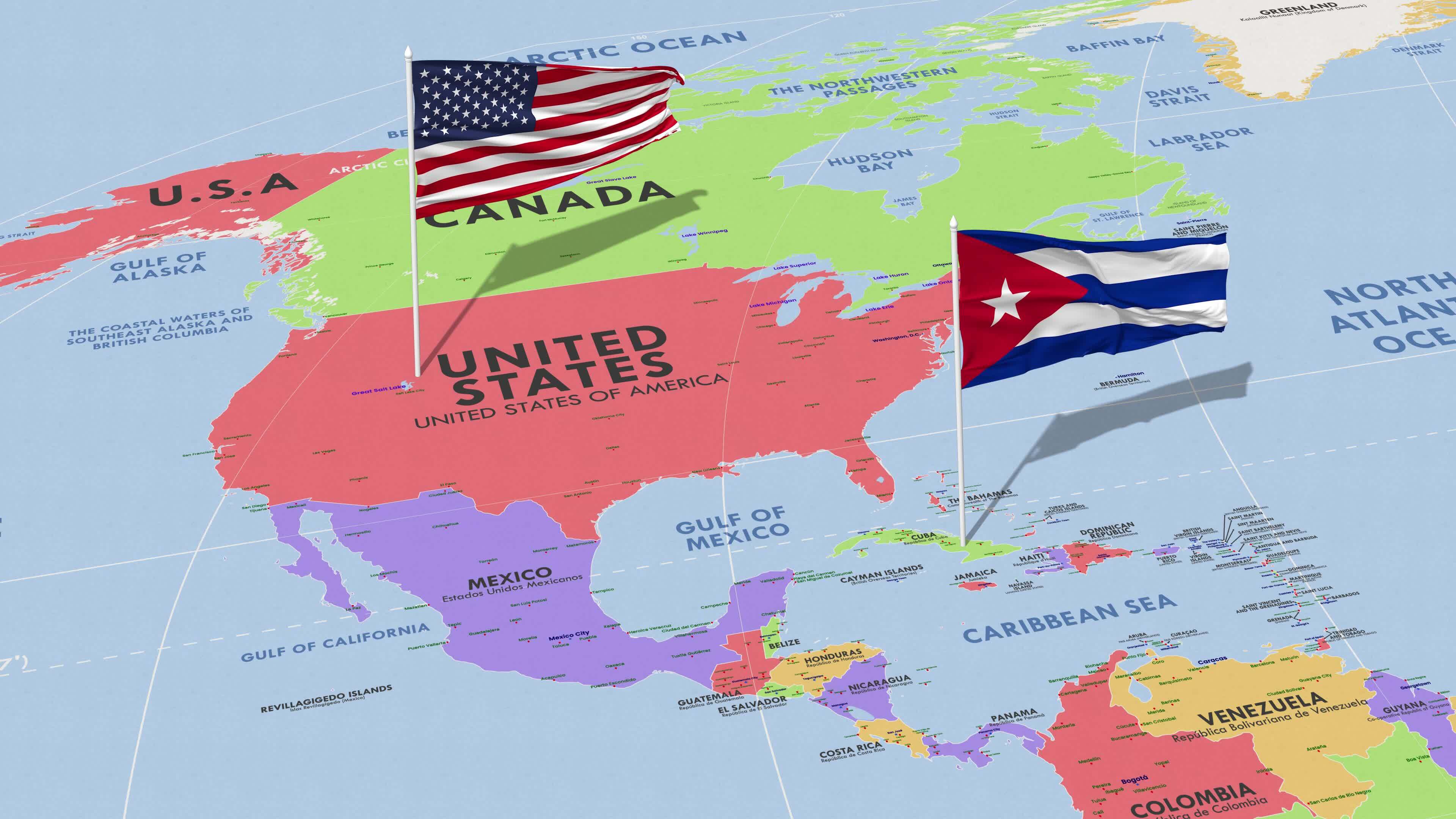 Cuba And United States Flag Waving With The World Map Seamless Loop In Cuba And United States Flag Waving With The World Map Seamless Loop In Wind 3d Rendering Free Video