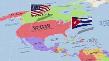 Cuba and United States Flag Waving with The World Map, Seamless Loop in Wind, 3D Rendering video