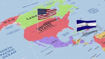 El Salvador and United States Flag Waving with The World Map, Seamless Loop in Wind, 3D Rendering video