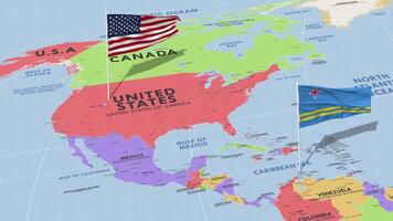 Aruba and United States Flag Waving with The World Map, Seamless Loop in Wind, 3D Rendering video