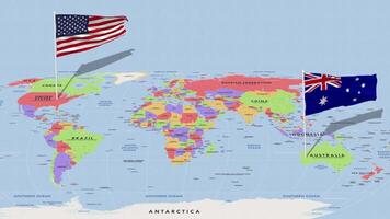 Australia and United States Flag Waving with The World Map, Seamless Loop in Wind, 3D Rendering video