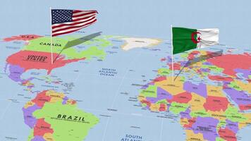 Argélia e Unidos estados bandeira acenando com a mundo mapa, desatado ciclo dentro vento, 3d Renderização video