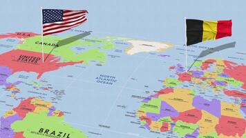 Belgium and United States Flag Waving with The World Map, Seamless Loop in Wind, 3D Rendering video