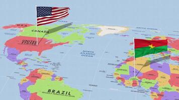 burkina faso y unido estados bandera ondulación con el mundo mapa, sin costura lazo en viento, 3d representación video