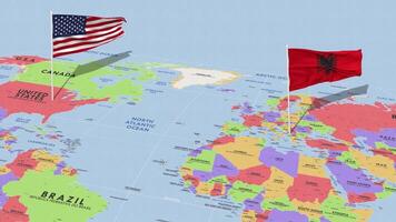 Albânia e Unidos estados bandeira acenando com a mundo mapa, desatado ciclo dentro vento, 3d Renderização video