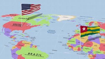 ir y unido estados bandera ondulación con el mundo mapa, sin costura lazo en viento, 3d representación video