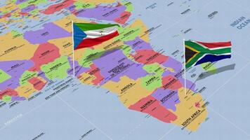 equatoriale Guinea e Sud Africa bandiera agitando con il mondo carta geografica, senza soluzione di continuità ciclo continuo nel vento, 3d interpretazione video