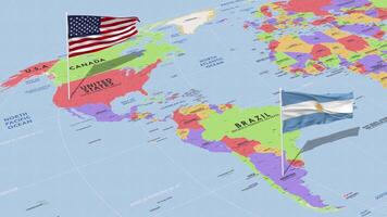 Argentina and United States Flag Waving with The World Map, Seamless Loop in Wind, 3D Rendering video