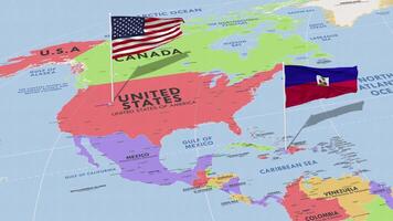 Haití y unido estados bandera ondulación con el mundo mapa, sin costura lazo en viento, 3d representación video