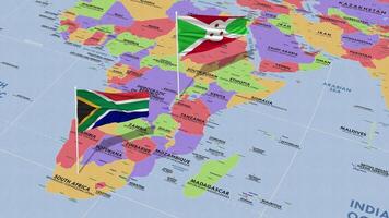 Burundi e sul África bandeira acenando com a mundo mapa, desatado ciclo dentro vento, 3d Renderização video