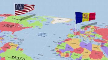 andorra y unido estados bandera ondulación con el mundo mapa, sin costura lazo en viento, 3d representación video