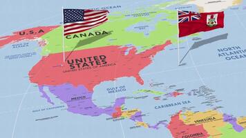 Bermudas e Unidos estados bandeira acenando com a mundo mapa, desatado ciclo dentro vento, 3d Renderização video