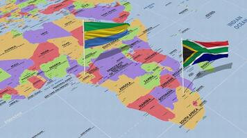 Gabão e sul África bandeira acenando com a mundo mapa, desatado ciclo dentro vento, 3d Renderização video