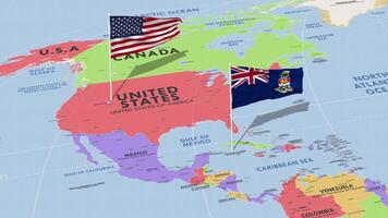 Cayman Islands and United States Flag Waving with The World Map, Seamless Loop in Wind, 3D Rendering video