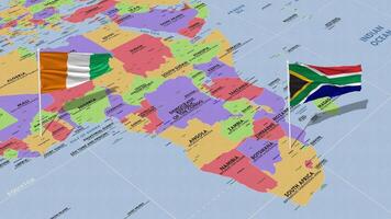 marfim costa e sul África bandeira acenando com a mundo mapa, desatado ciclo dentro vento, 3d Renderização video