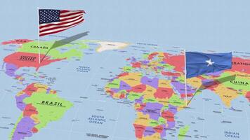 Somalia y unido estados bandera ondulación con el mundo mapa, sin costura lazo en viento, 3d representación video