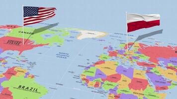 Polônia e Unidos estados bandeira acenando com a mundo mapa, desatado ciclo dentro vento, 3d Renderização video