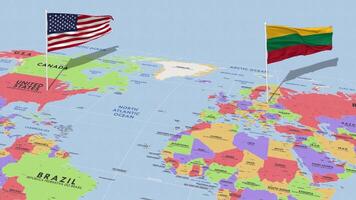 Lituania e unito stati bandiera agitando con il mondo carta geografica, senza soluzione di continuità ciclo continuo nel vento, 3d interpretazione video