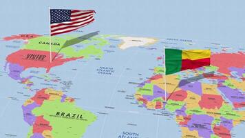 benin y unido estados bandera ondulación con el mundo mapa, sin costura lazo en viento, 3d representación video