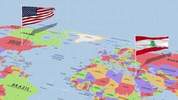 Líbano y unido estados bandera ondulación con el mundo mapa, sin costura lazo en viento, 3d representación video