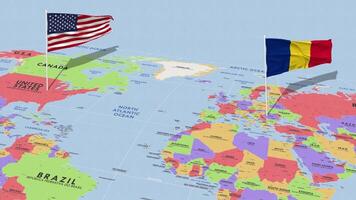 romênia e Unidos estados bandeira acenando com a mundo mapa, desatado ciclo dentro vento, 3d Renderização video