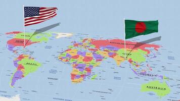 Bangladesh and United States Flag Waving with The World Map, Seamless Loop in Wind, 3D Rendering video