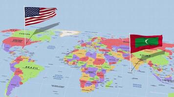 Maldivas e Unidos estados bandeira acenando com a mundo mapa, desatado ciclo dentro vento, 3d Renderização video