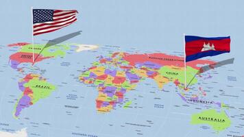 Camboya y unido estados bandera ondulación con el mundo mapa, sin costura lazo en viento, 3d representación video