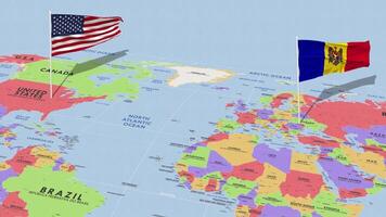 Moldavië en Verenigde staten vlag golvend met de wereld kaart, naadloos lus in wind, 3d renderen video