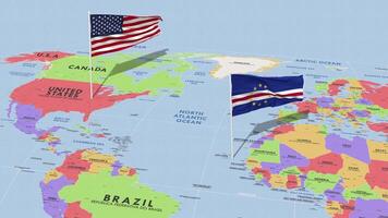 kaap verde, cabo verde en Verenigde staten vlag golvend met de wereld kaart, naadloos lus in wind, 3d renderen video