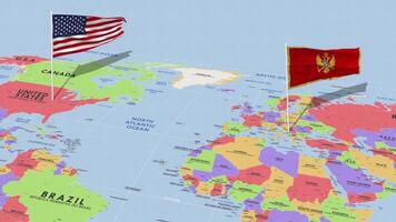 Montenegro e Unidos estados bandeira acenando com a mundo mapa, desatado ciclo dentro vento, 3d Renderização video