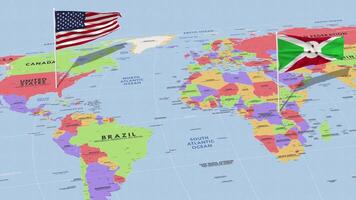 Burundi e Unidos estados bandeira acenando com a mundo mapa, desatado ciclo dentro vento, 3d Renderização video