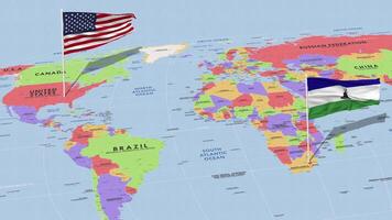 Lesoto e Unidos estados bandeira acenando com a mundo mapa, desatado ciclo dentro vento, 3d Renderização video