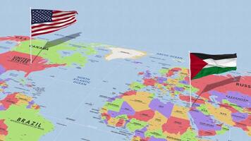 Palestina y unido estados bandera ondulación con el mundo mapa, sin costura lazo en viento, 3d representación video