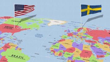 Sverige och förenad stater flagga vinka med de värld Karta, sömlös slinga i vind, 3d tolkning video