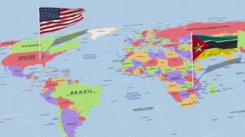 Moçambique e Unidos estados bandeira acenando com a mundo mapa, desatado ciclo dentro vento, 3d Renderização video