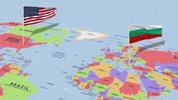 Bulgaria y unido estados bandera ondulación con el mundo mapa, sin costura lazo en viento, 3d representación video