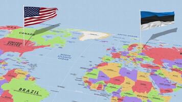 Estonia y unido estados bandera ondulación con el mundo mapa, sin costura lazo en viento, 3d representación video