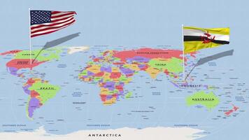 Brunei y unido estados bandera ondulación con el mundo mapa, sin costura lazo en viento, 3d representación video