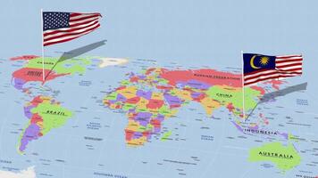 Malasia y unido estados bandera ondulación con el mundo mapa, sin costura lazo en viento, 3d representación video