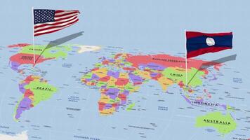 Laos and United States Flag Waving with The World Map, Seamless Loop in Wind, 3D Rendering video