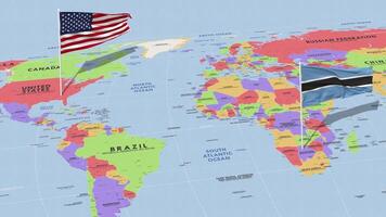 Botswana y unido estados bandera ondulación con el mundo mapa, sin costura lazo en viento, 3d representación video