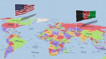 Afeganistão e Unidos estados bandeira acenando com a mundo mapa, desatado ciclo dentro vento, 3d Renderização video