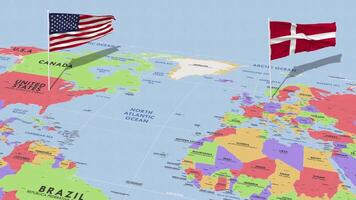 Dinamarca y unido estados bandera ondulación con el mundo mapa, sin costura lazo en viento, 3d representación video