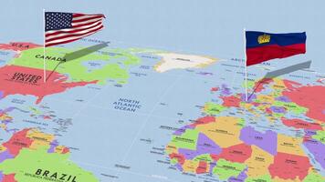 Liechtenstein y unido estados bandera ondulación con el mundo mapa, sin costura lazo en viento, 3d representación video