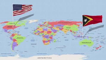leste timor e Unidos estados bandeira acenando com a mundo mapa, desatado ciclo dentro vento, 3d Renderização video