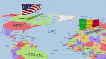 mali e Unidos estados bandeira acenando com a mundo mapa, desatado ciclo dentro vento, 3d Renderização video