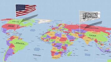 Afganistán y unido estados bandera ondulación con el mundo mapa, sin costura lazo en viento, 3d representación video