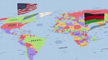 malawi y unido estados bandera ondulación con el mundo mapa, sin costura lazo en viento, 3d representación video