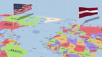 Letonia y unido estados bandera ondulación con el mundo mapa, sin costura lazo en viento, 3d representación video